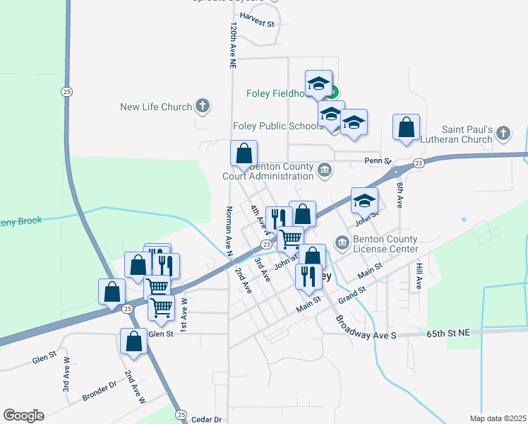 map of restaurants, bars, coffee shops, grocery stores, and more near 521 4th Avenue North in Foley