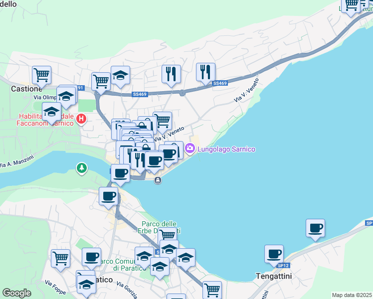 map of restaurants, bars, coffee shops, grocery stores, and more near 20a Viale Garibaldi in Sarnico