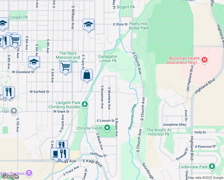 map of restaurants, bars, coffee shops, grocery stores, and more near 309 East Garfield Street in Bozeman