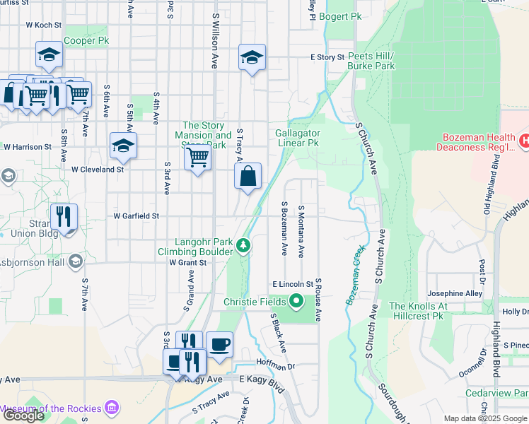map of restaurants, bars, coffee shops, grocery stores, and more near 1109 South Black Avenue in Bozeman