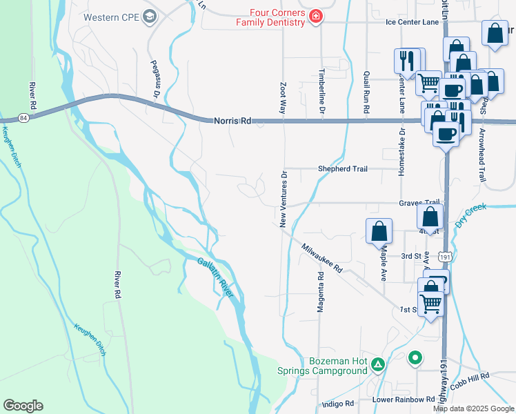 map of restaurants, bars, coffee shops, grocery stores, and more near 15 Locomotive Loop in Bozeman