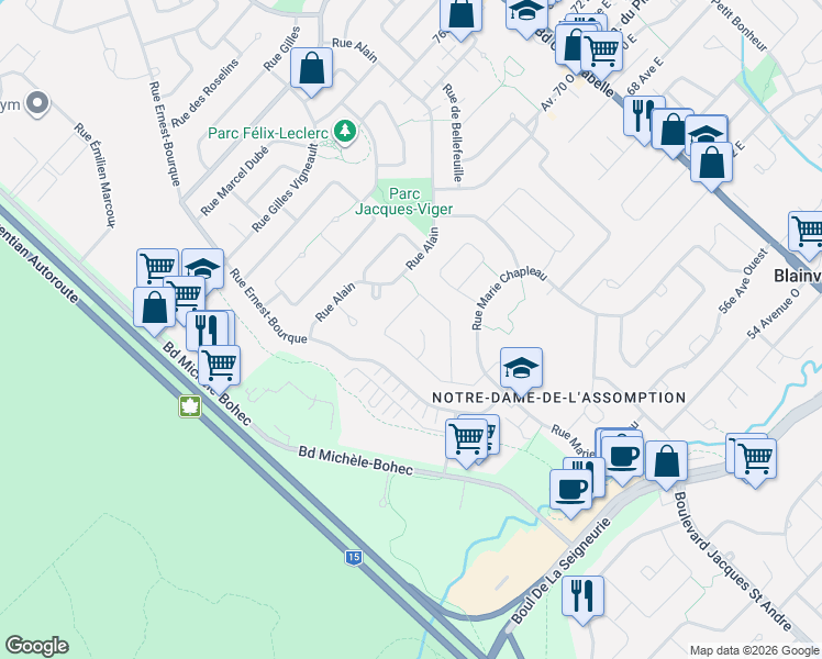 map of restaurants, bars, coffee shops, grocery stores, and more near 6 Rue Toussain-Labelle in Blainville