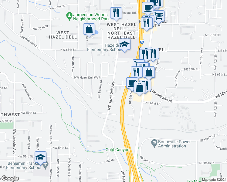 map of restaurants, bars, coffee shops, grocery stores, and more near 6117 Northeast Hazel Dell Avenue in Vancouver