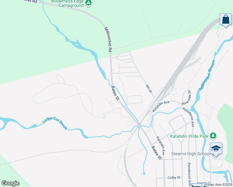 map of restaurants, bars, coffee shops, grocery stores, and more near 257 Bates Street in Millinocket