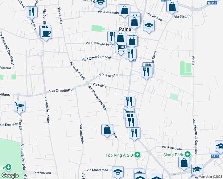 map of restaurants, bars, coffee shops, grocery stores, and more near 23 Via Udine in Giussano
