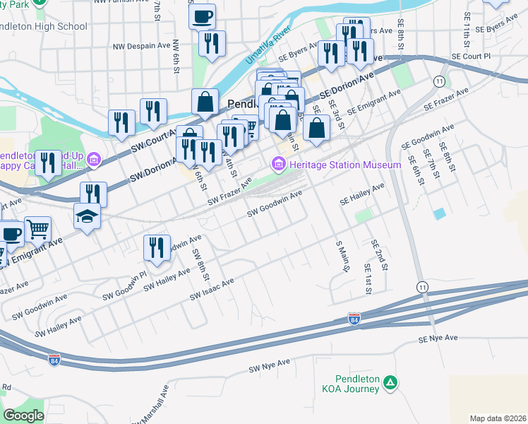 map of restaurants, bars, coffee shops, grocery stores, and more near 601 Southwest 3rd Street in Pendleton