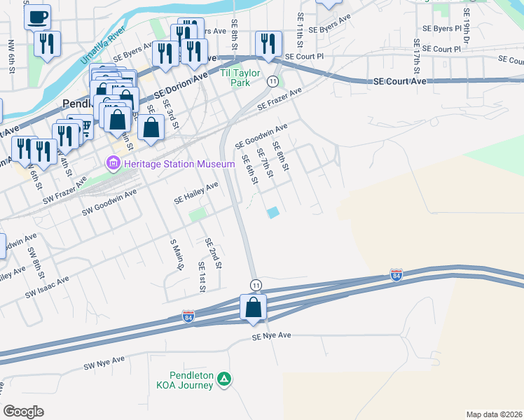 map of restaurants, bars, coffee shops, grocery stores, and more near 813 Southeast 6th Street in Pendleton