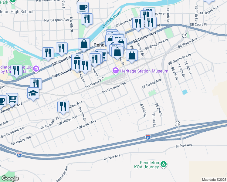 map of restaurants, bars, coffee shops, grocery stores, and more near 601 Southwest 3rd Street in Pendleton
