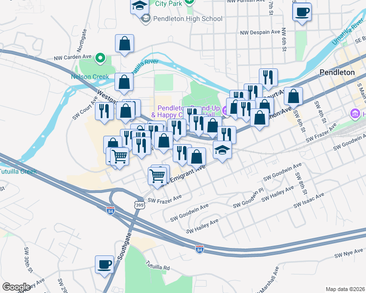 map of restaurants, bars, coffee shops, grocery stores, and more near 302 Southwest 16th Street in Pendleton