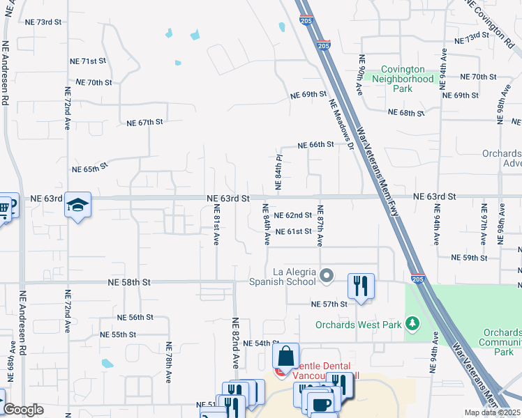 map of restaurants, bars, coffee shops, grocery stores, and more near 6206 Northeast 84th Avenue in Vancouver