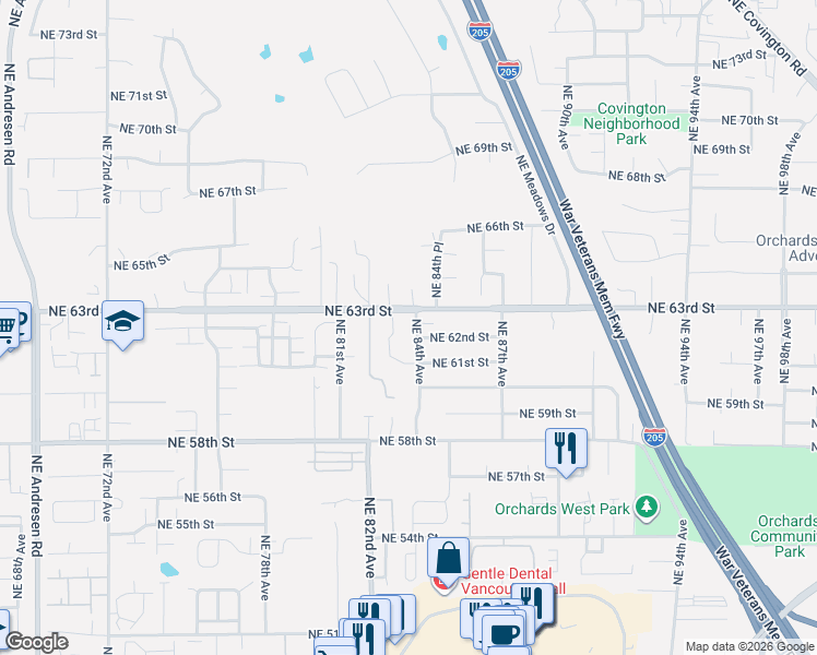 map of restaurants, bars, coffee shops, grocery stores, and more near 6206 Northeast 84th Avenue in Vancouver