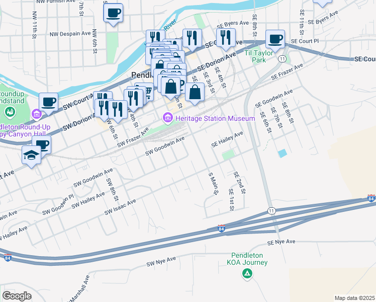 map of restaurants, bars, coffee shops, grocery stores, and more near 624 Southwest 1st Street in Pendleton