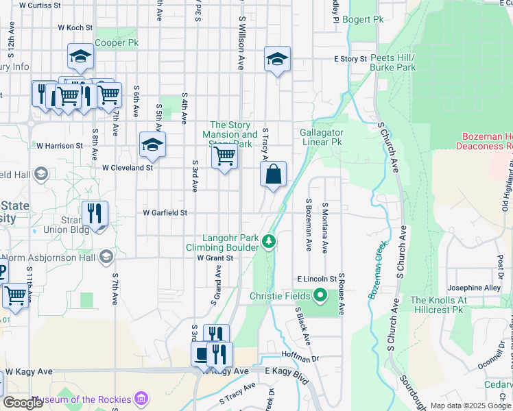map of restaurants, bars, coffee shops, grocery stores, and more near 1 West Garfield Street in Bozeman