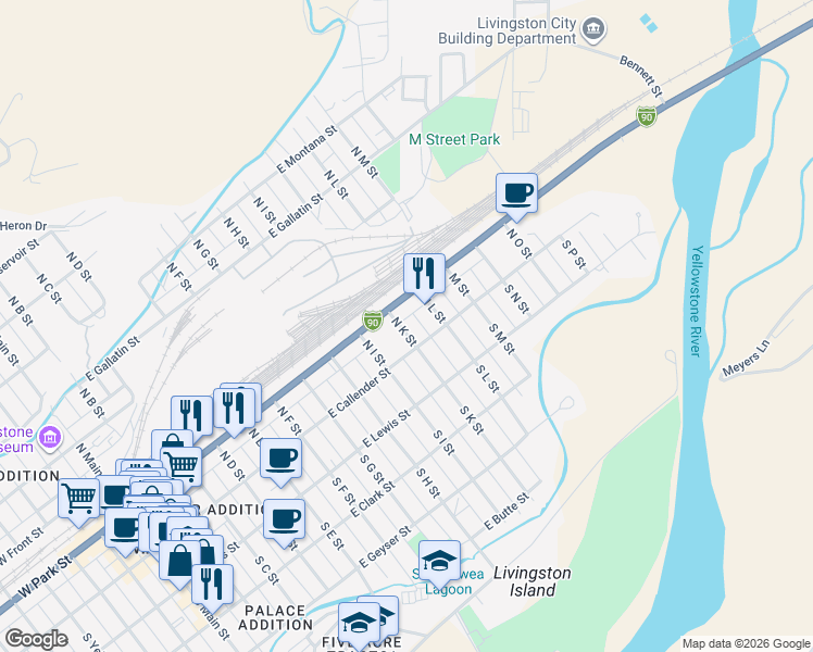 map of restaurants, bars, coffee shops, grocery stores, and more near 116 North K Street in Livingston