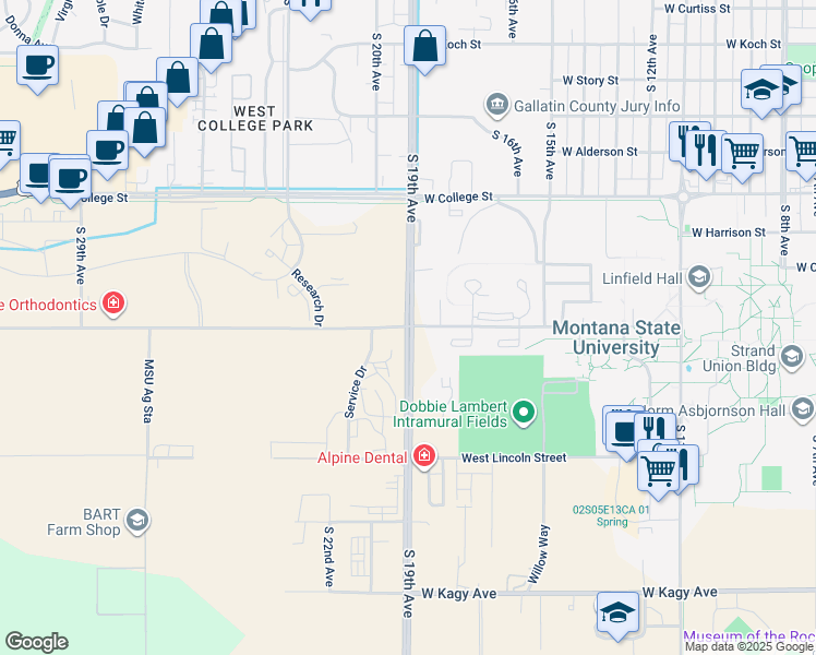 map of restaurants, bars, coffee shops, grocery stores, and more near 1200 South 19th Avenue in Bozeman