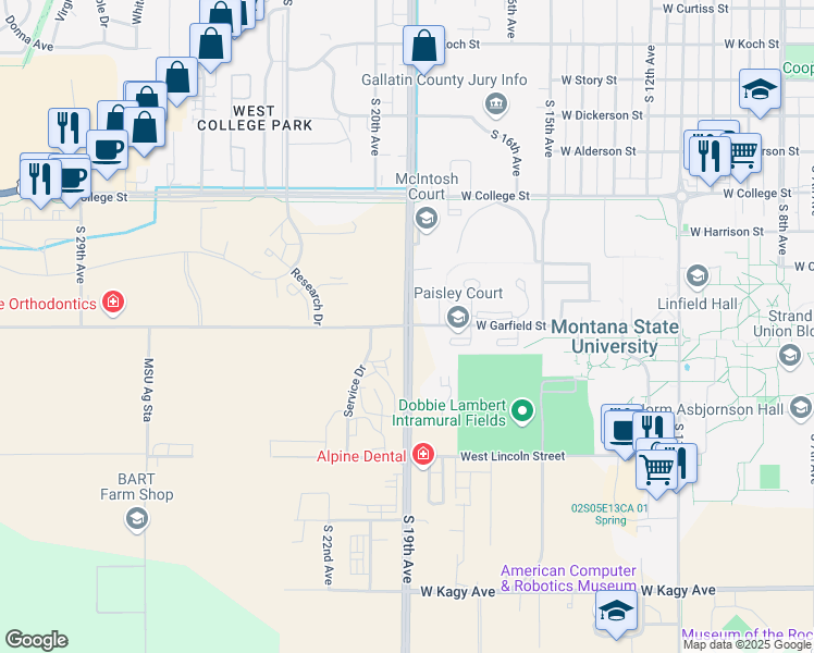 map of restaurants, bars, coffee shops, grocery stores, and more near West Garfield Street in Bozeman