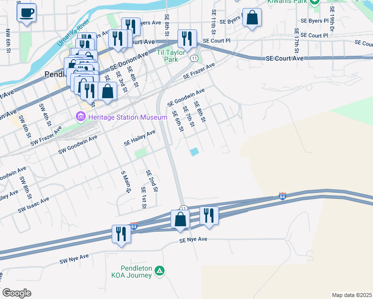 map of restaurants, bars, coffee shops, grocery stores, and more near 813 Southeast 6th Street in Pendleton