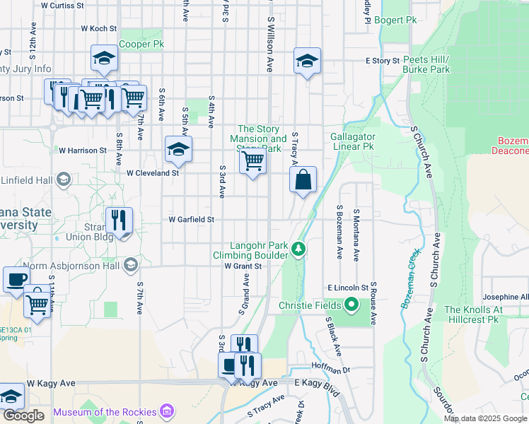 map of restaurants, bars, coffee shops, grocery stores, and more near 1115 South Willson Avenue in Bozeman