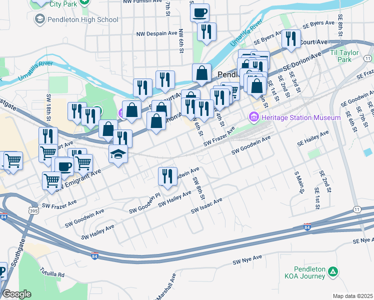 map of restaurants, bars, coffee shops, grocery stores, and more near 709 Southwest Frazer Avenue in Pendleton
