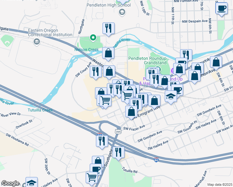 map of restaurants, bars, coffee shops, grocery stores, and more near 136 Southwest 20th Street in Pendleton