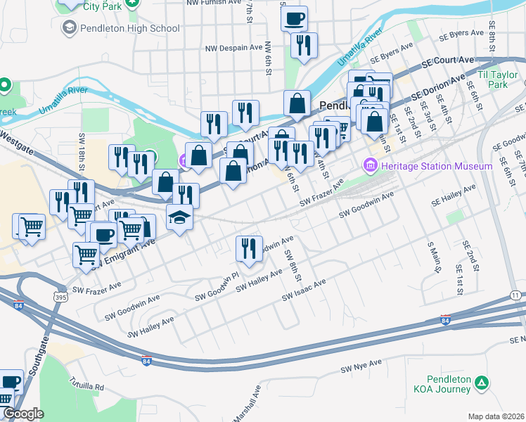 map of restaurants, bars, coffee shops, grocery stores, and more near 420 Southwest 9th Street in Pendleton