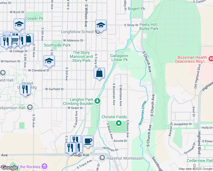 map of restaurants, bars, coffee shops, grocery stores, and more near 1109 S Black Ave in Bozeman