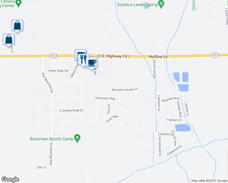 map of restaurants, bars, coffee shops, grocery stores, and more near 302 Ramshorn Peak Lane in Bozeman