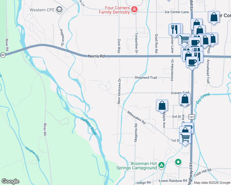 map of restaurants, bars, coffee shops, grocery stores, and more near 52 Caboose Court in Bozeman