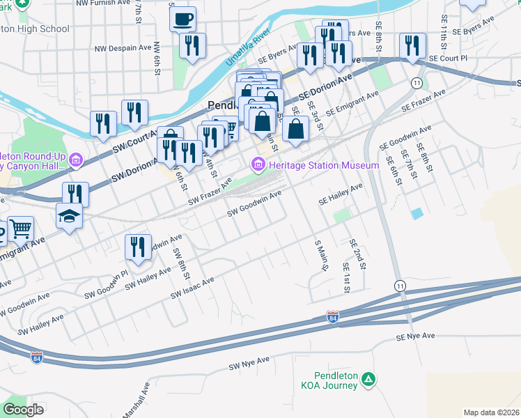 map of restaurants, bars, coffee shops, grocery stores, and more near 610 Southwest 2nd Street in Pendleton