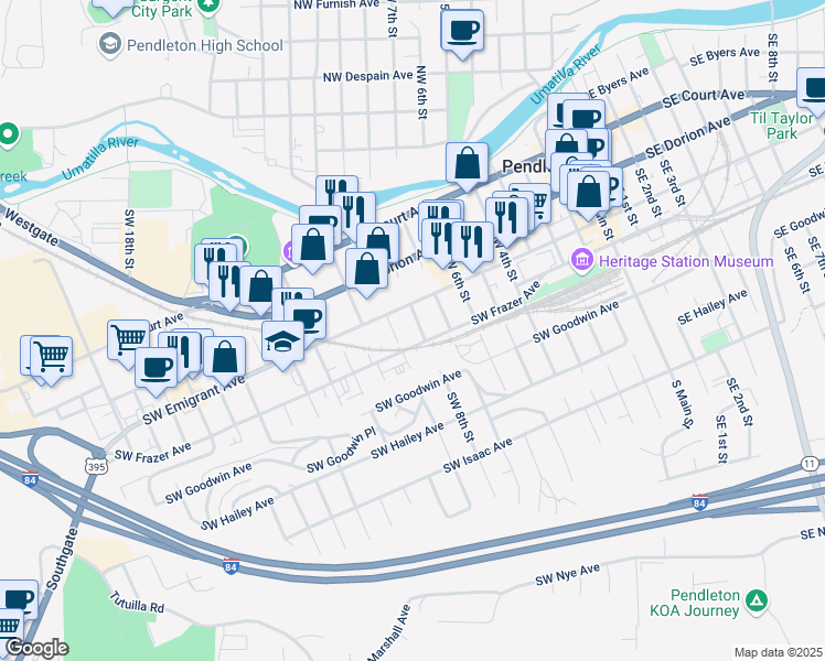 map of restaurants, bars, coffee shops, grocery stores, and more near 420 Southwest 9th Street in Pendleton