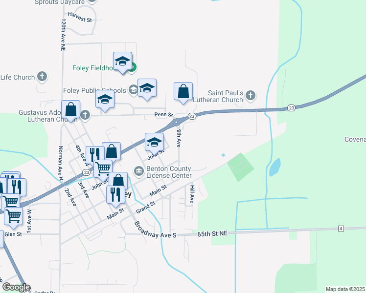 map of restaurants, bars, coffee shops, grocery stores, and more near 250 8th Avenue in Foley