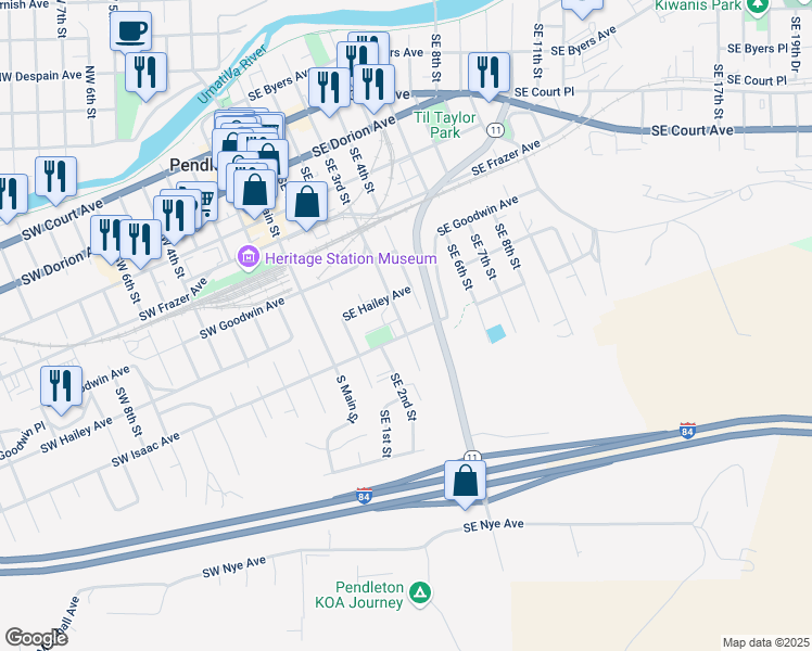 map of restaurants, bars, coffee shops, grocery stores, and more near 724 Southeast 3rd Street in Pendleton