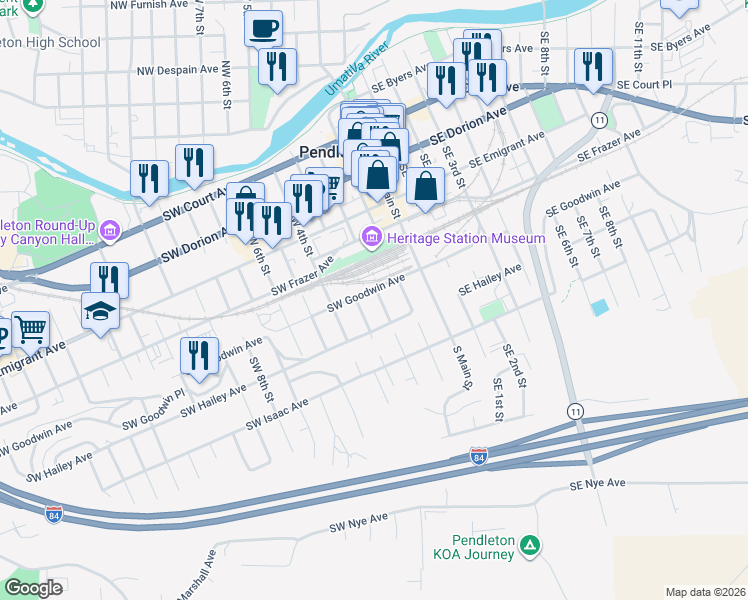 map of restaurants, bars, coffee shops, grocery stores, and more near 610 Southwest 2nd Street in Pendleton