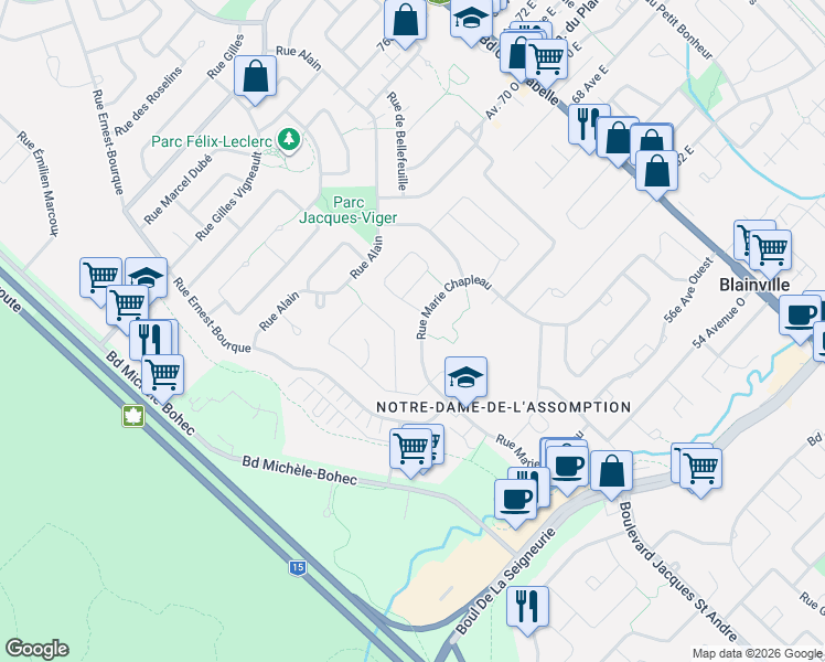 map of restaurants, bars, coffee shops, grocery stores, and more near 161 Rue Marie Chapleau in Blainville