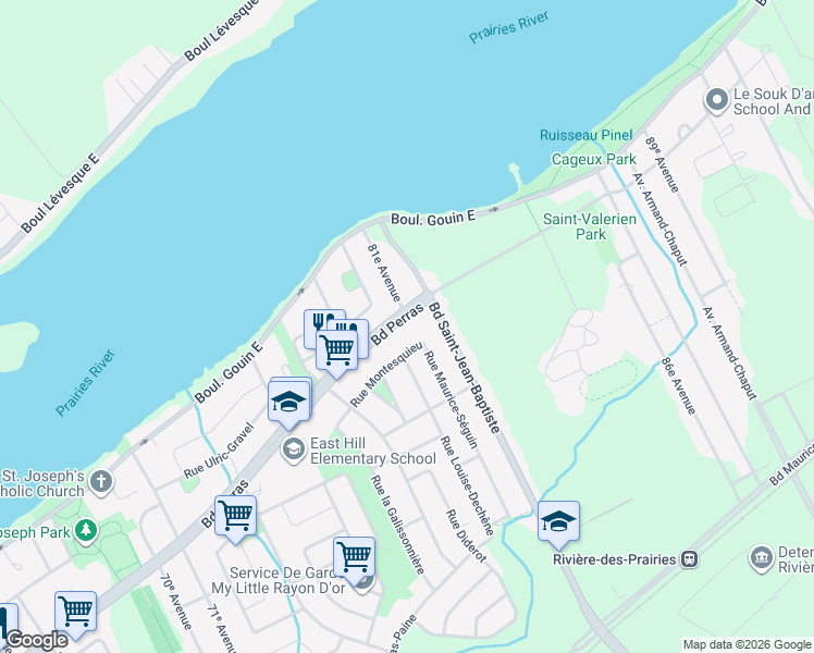 map of restaurants, bars, coffee shops, grocery stores, and more near 10664 Boulevard Perras in Montréal
