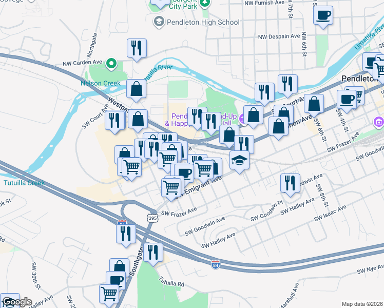 map of restaurants, bars, coffee shops, grocery stores, and more near 210 Southwest 17th Street in Pendleton