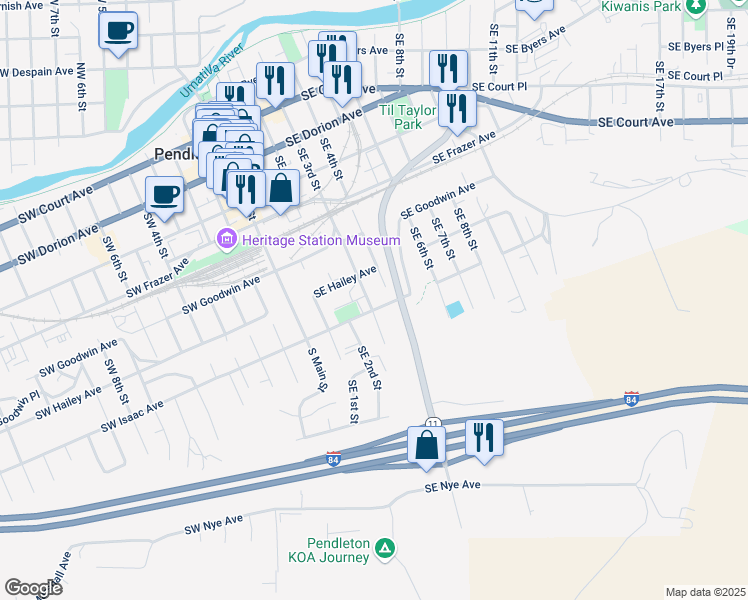 map of restaurants, bars, coffee shops, grocery stores, and more near 724 Southeast 3rd Street in Pendleton