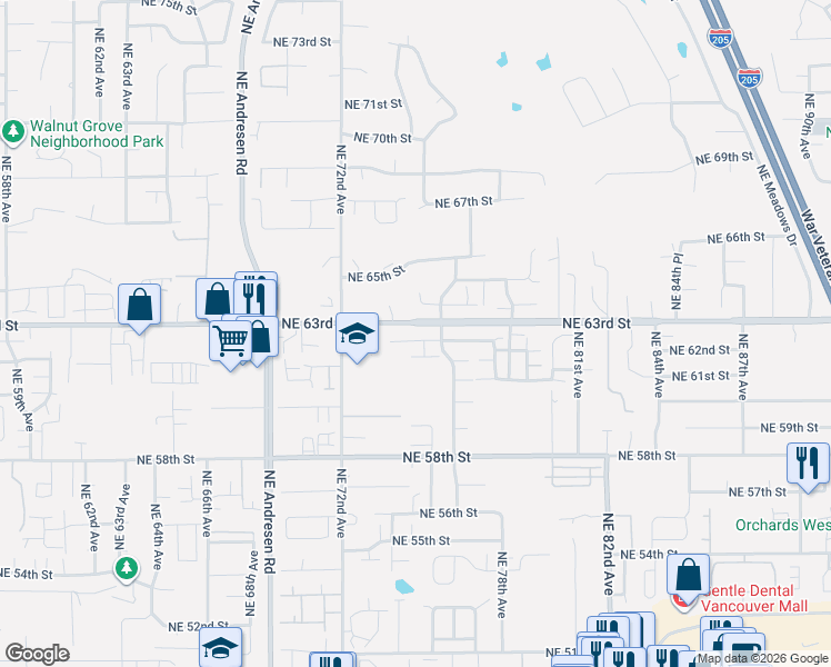 map of restaurants, bars, coffee shops, grocery stores, and more near 7424 Northeast 62nd Street in Vancouver