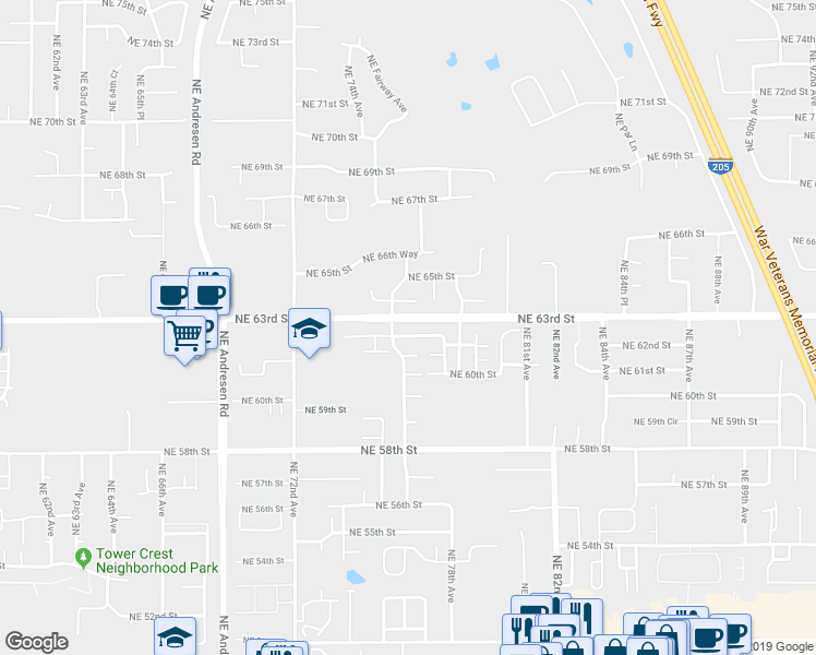 map of restaurants, bars, coffee shops, grocery stores, and more near 7616 Northeast 62nd Street in Vancouver