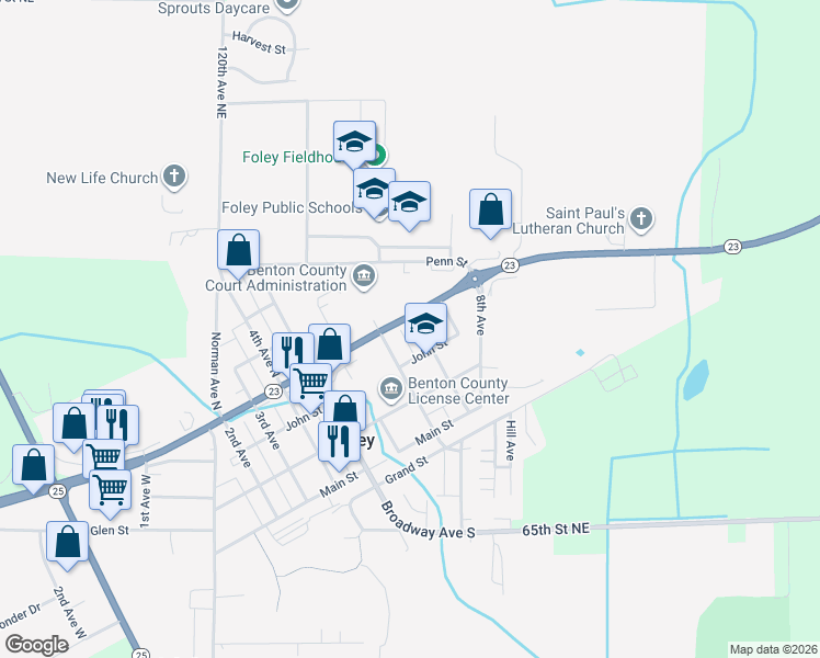 map of restaurants, bars, coffee shops, grocery stores, and more near 331 7th Avenue in Foley