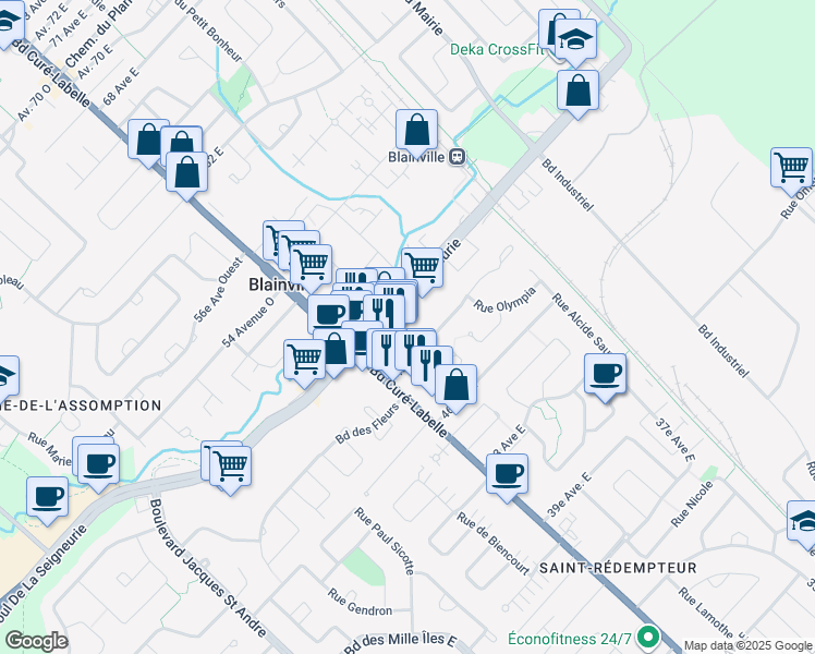 map of restaurants, bars, coffee shops, grocery stores, and more near 13-55 48 Avenue East in Blainville