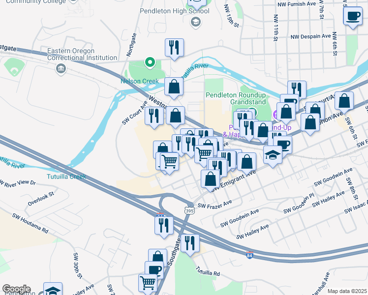 map of restaurants, bars, coffee shops, grocery stores, and more near 136 Southwest 20th Street in Pendleton