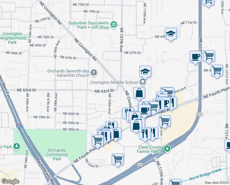 map of restaurants, bars, coffee shops, grocery stores, and more near 6205 Northeast 105th Avenue in Vancouver