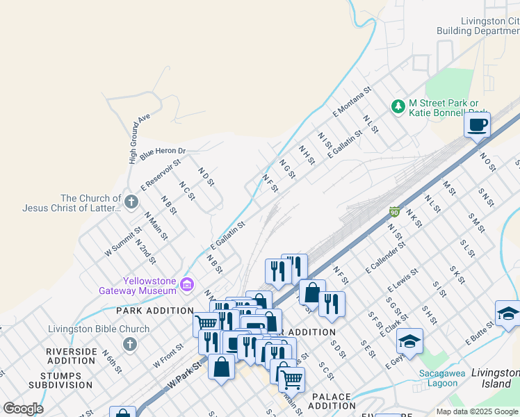 map of restaurants, bars, coffee shops, grocery stores, and more near 421 East Gallatin Street in Livingston