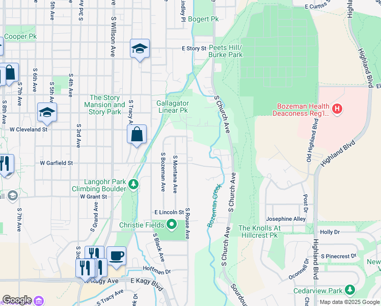 map of restaurants, bars, coffee shops, grocery stores, and more near 309 East Garfield Street in Bozeman