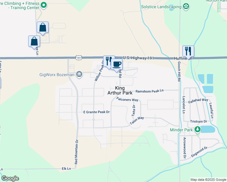 map of restaurants, bars, coffee shops, grocery stores, and more near 60 Outlier Way in Bozeman