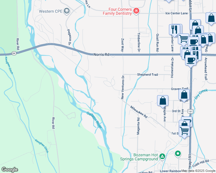map of restaurants, bars, coffee shops, grocery stores, and more near 15 Locomotive Loop in Bozeman
