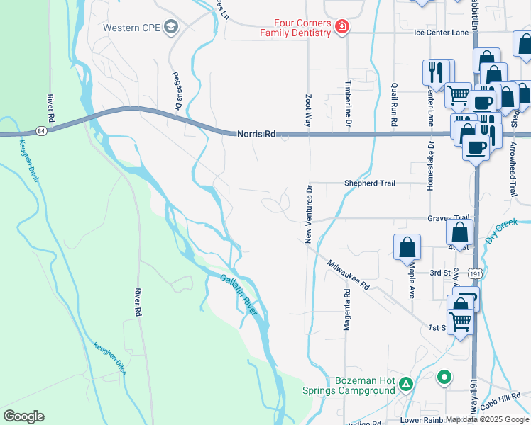 map of restaurants, bars, coffee shops, grocery stores, and more near 15 Locomotive Loop in Bozeman