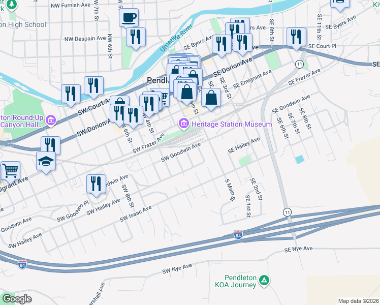 map of restaurants, bars, coffee shops, grocery stores, and more near 610 Southwest 2nd Street in Pendleton