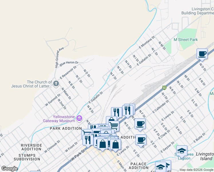 map of restaurants, bars, coffee shops, grocery stores, and more near 421 East Gallatin Street in Livingston